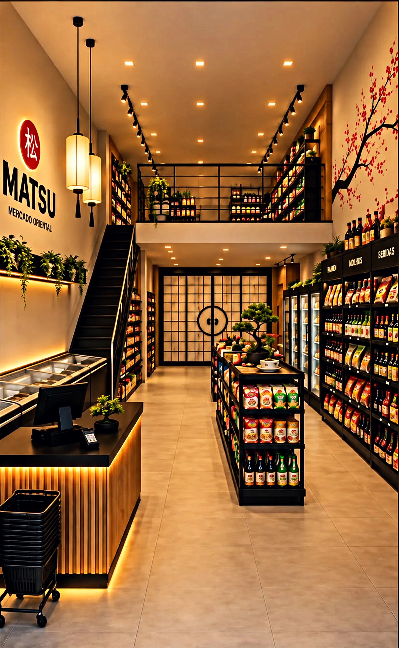 Ilustração do interior da Matsu: corredor com prateleiras de produtos, balcão com iluminação quente e escada para o mezanino.